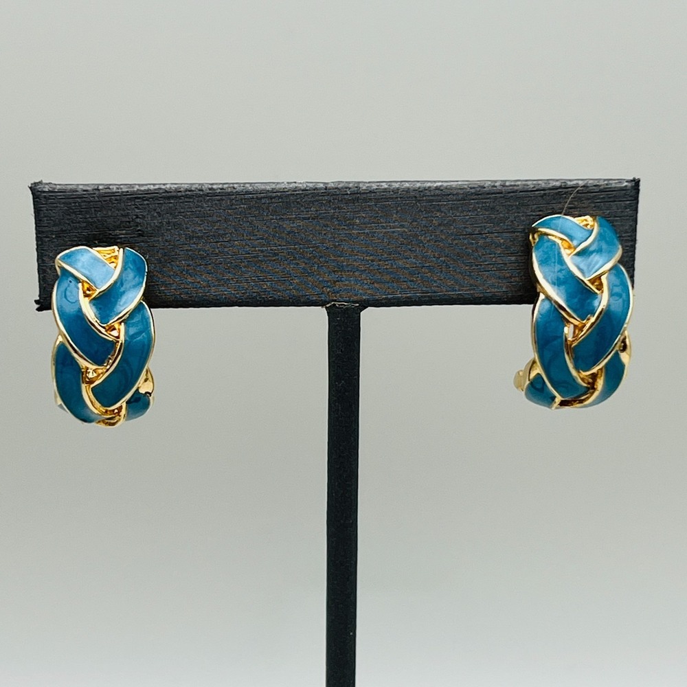 Vintage Chain Link Pierced Earrings Enamel Gold Tone Blue Statement Retro